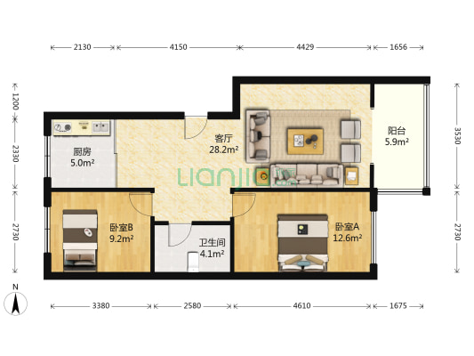 东方家苑住宅小区 2室1厅1卫 87平方