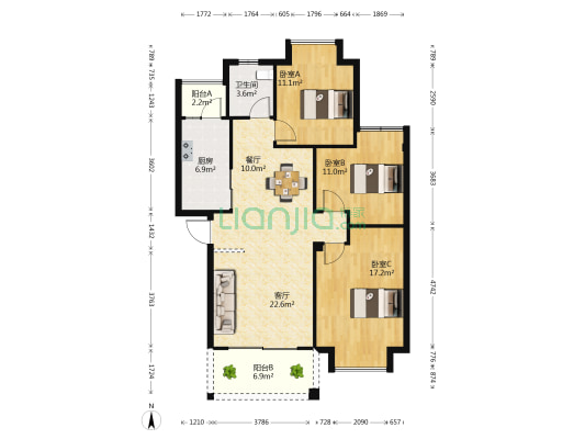 阳光在线一期 3室2厅1卫 104平方