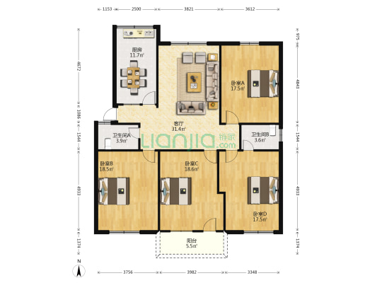 凤凰路36号 4室1厅2卫 145平方