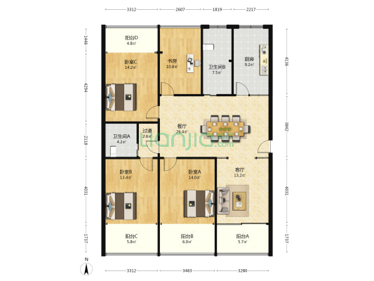 鹏福公寓 4室2厅2卫 165平方