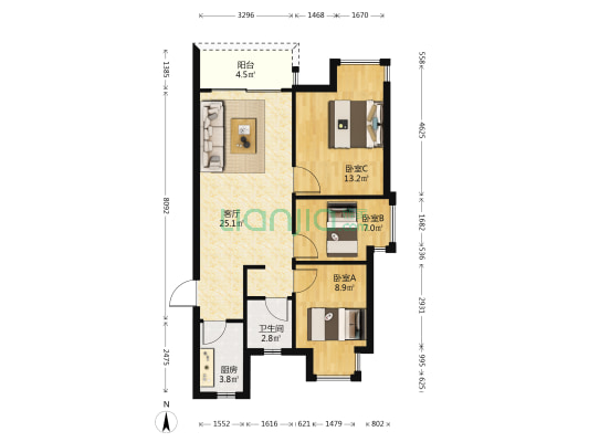 吾悦华府 3室1厅1卫 86平方