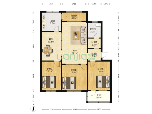 天同凤凰国际 3室2厅1卫 110平方
