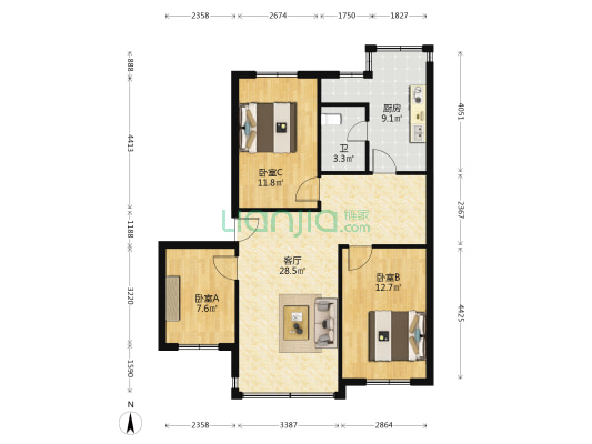 莲花阁 3室1厅1卫 85平方