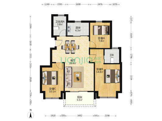 濠悦花园 3室1厅2卫 94平方