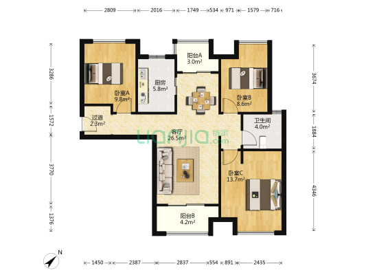 华润中央公园一期(南)(芳礼路99弄)(公寓) 3室1厅1卫 93平方