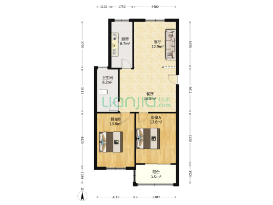 锦安花园2期 2室2厅1卫 93平方
