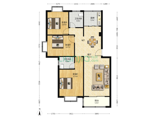 富士花苑 3室1厅2卫 122平方