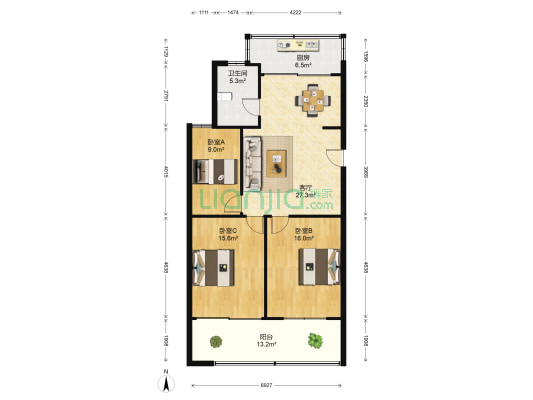 金点花园 3室1厅1卫 104平方