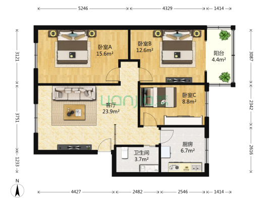 溪源居小区 3室1厅1卫 90平方