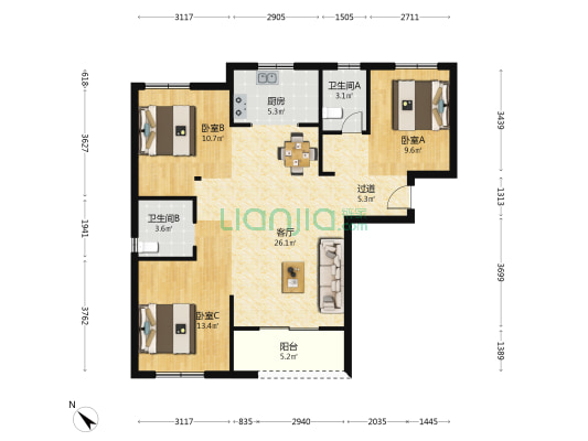 美好名流汇2期 3室1厅2卫 111平方
