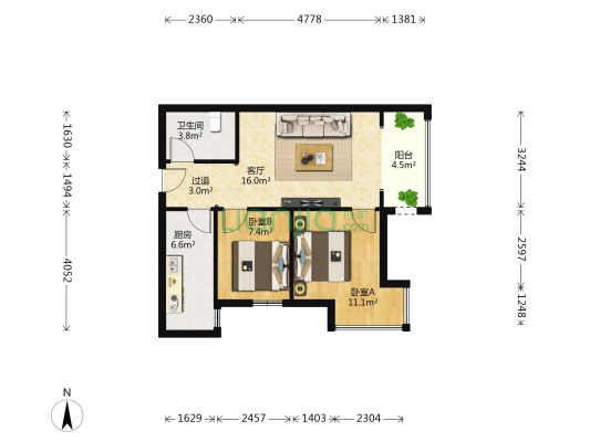 荣民天玺 2室1厅1卫 74平方