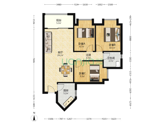 阳光明媚园 3室1厅1卫 90平方
