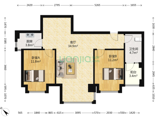 城西阳光 2室1厅1卫 85平方