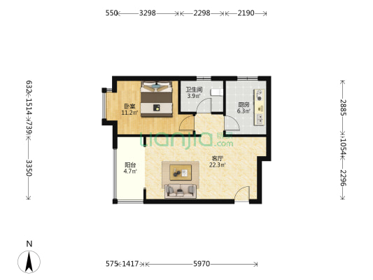 鸿坤理想湾  正规一居室   精装修   全明格局-户型图
