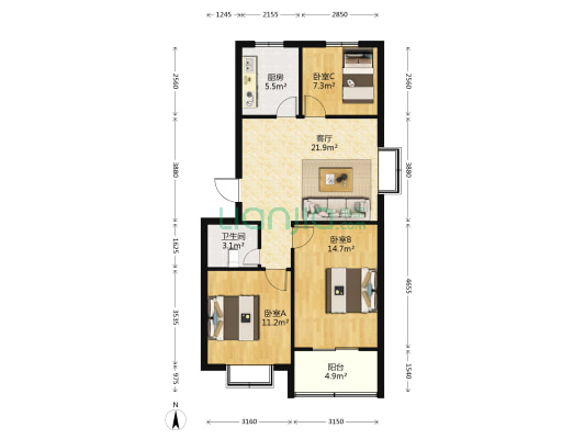 祥和花园 3室1厅1卫 85平方