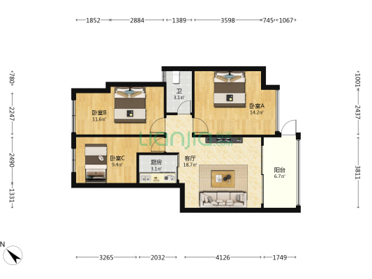 嘉湖轩 3室1厅1卫 80平方