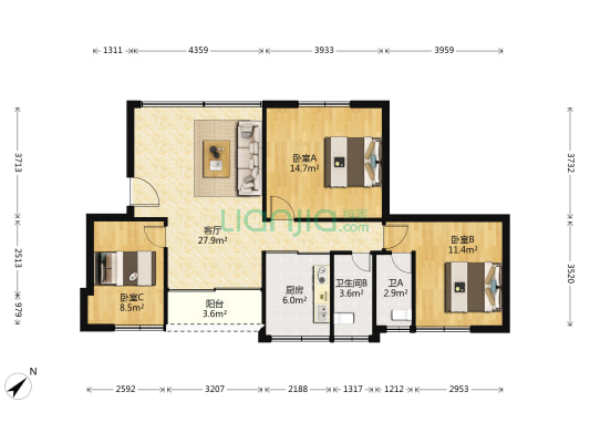 沙园中路 3室1厅2卫 96平方