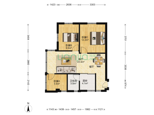 石牌东路 3室1厅1卫 74平方