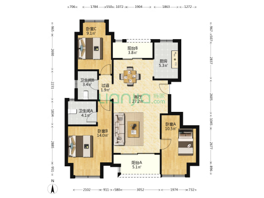 洺悦芳华 3室1厅2卫 99平方
