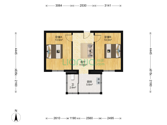 生物宿舍 2室1厅1卫 54平方