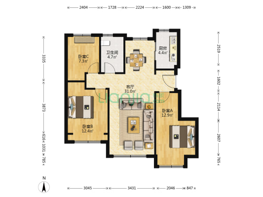 万达山海赋 3室1厅1卫 95平方