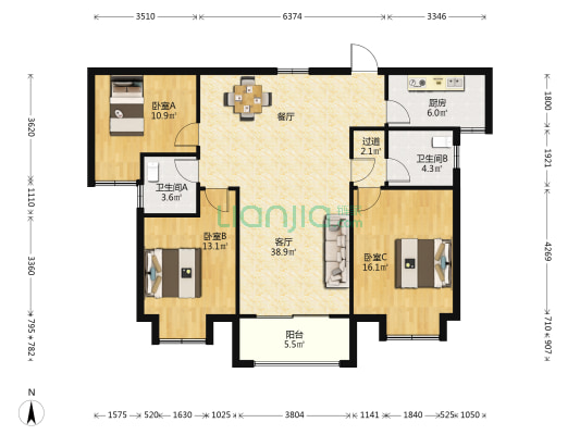 信达香堤国际 3室1厅2卫 127平方