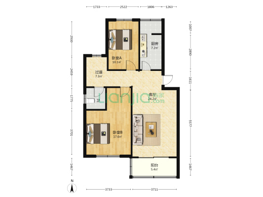 颍滨花园 2室1厅1卫 89平方
