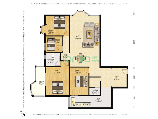 开明苑 4室1厅2卫 169平方