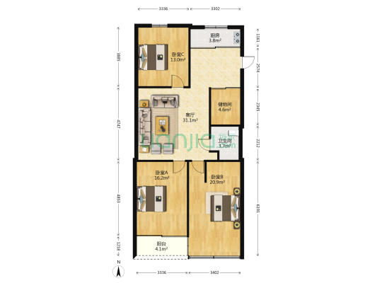 滨河花园 3室1厅1卫 117平方
