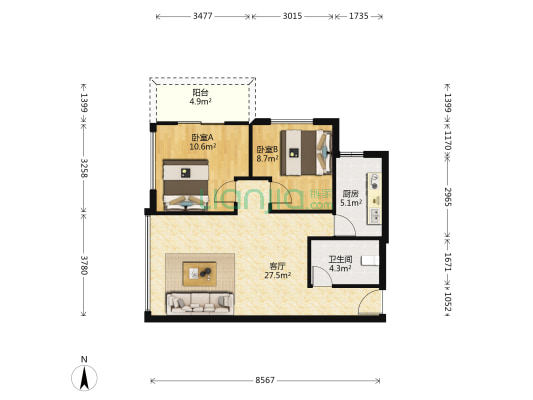 缤纷广场 2室1厅1卫 69平方