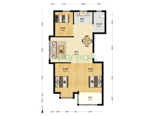南国裕墅 3室1厅1卫 107平方