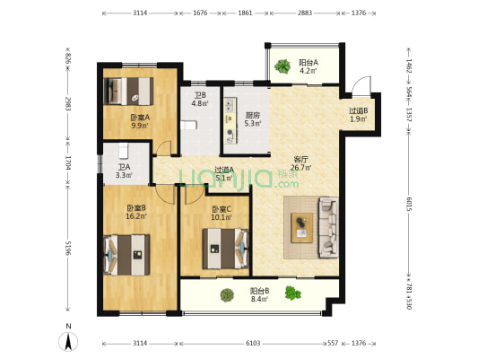 德鸿迎宾府 3室1厅2卫 123平方