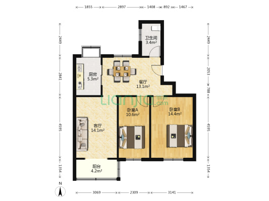 六十二街坊 2室2厅1卫 77平方