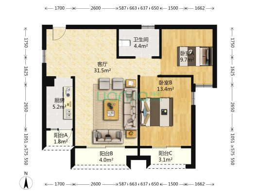 南岸华庭 2室1厅1卫 90平方