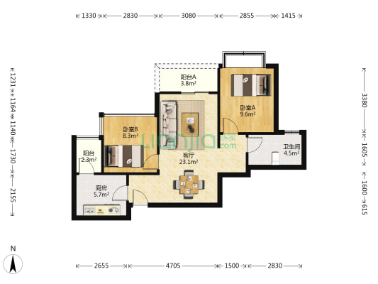 领地·阳光花城 2室1厅1卫 75平方