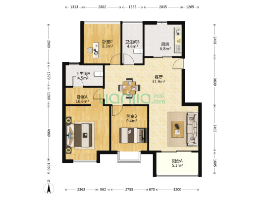 和昌熙溪花园 3室1厅2卫 100平方