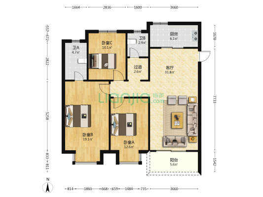 中交锦数双河苑南区 3室1厅2卫 130平方