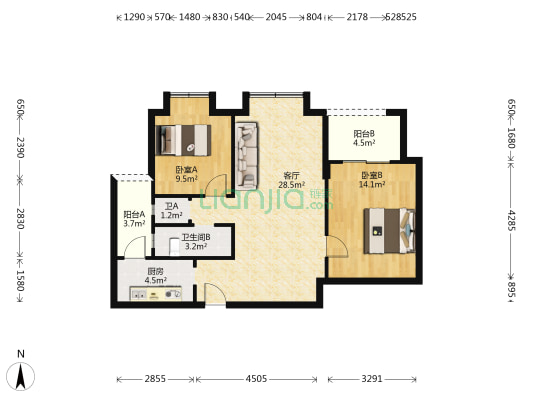 新港长江府 2室1厅2卫 89平方
