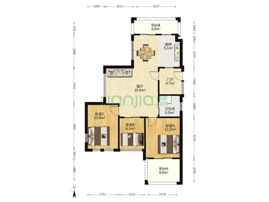 蓝江晶品阁 3室1厅1卫 88平方