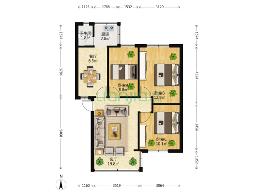 西岳庙干休所 3室2厅1卫 70平方