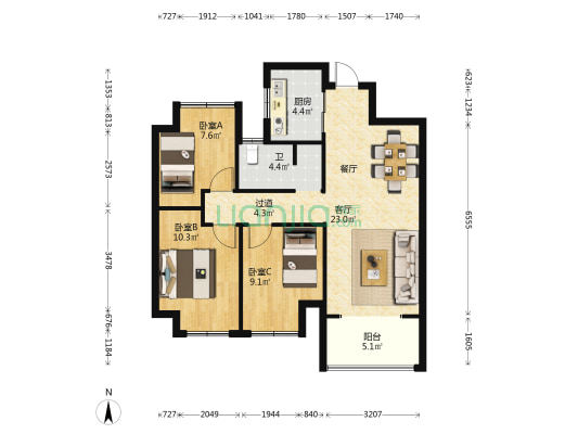 万科华彩城 3室1厅1卫 91平方