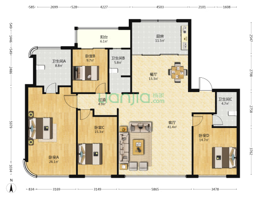 建发朗云一区 4室2厅3卫 205平方