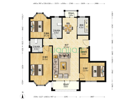 帝璟河畔 3室1厅2卫 129平方