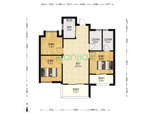 福晟钱隆府 3室1厅2卫 89平方