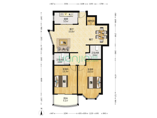 天合雅园 2室1厅2卫 106平方