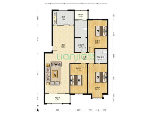 龙跃时代家园 3室1厅2卫 148平方