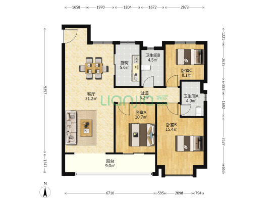 融创公园大观 3室1厅2卫 121平方