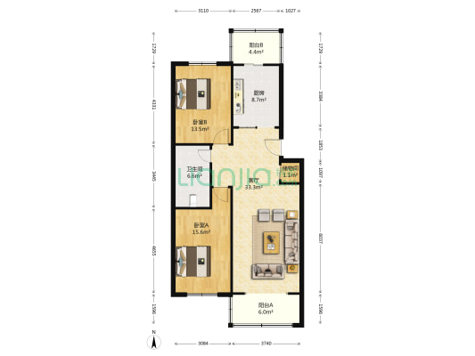 瑞园 2室1厅1卫 107平方