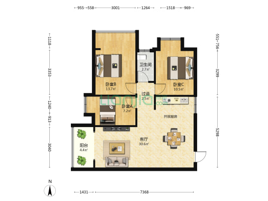 海建花苑 3室1厅1卫 90平方