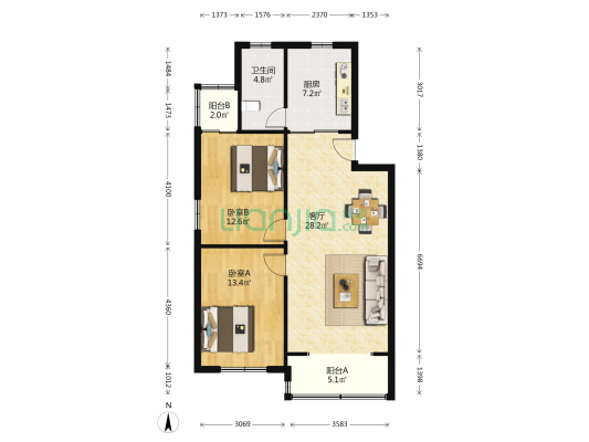 鲁陈路3955弄 2室1厅1卫 90平方